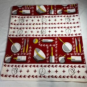 MCM 1950s 48x48 Calaprint Tablecloth Kitchen Gadget Motif Red, White, &Yellow